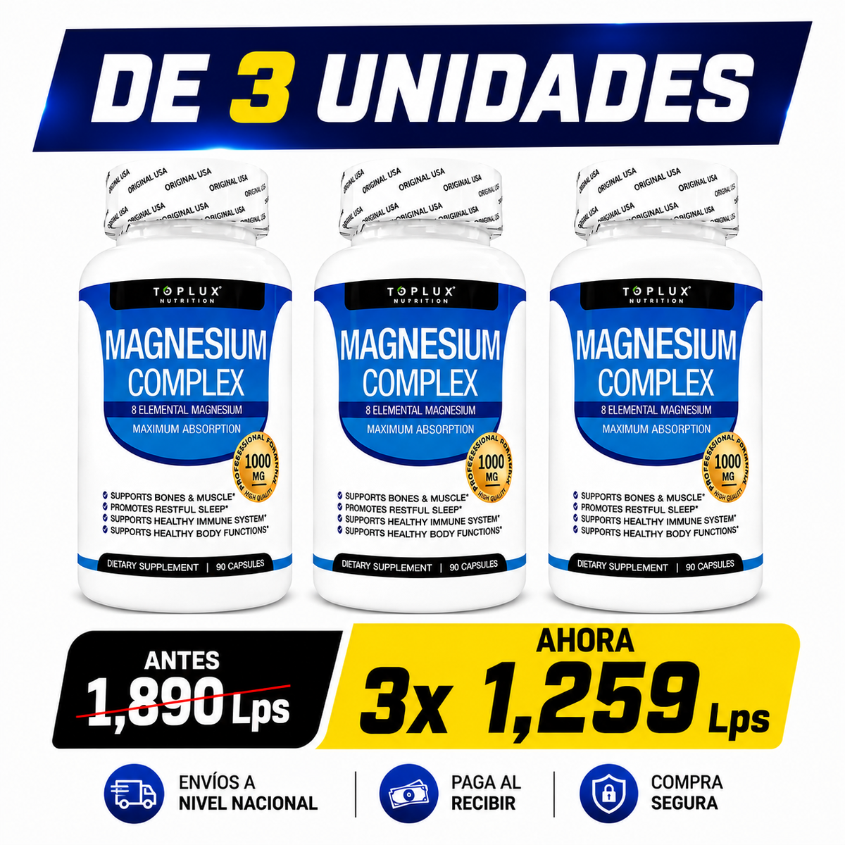 COMBO 3 Frascos Magnesium Complex Toplux 1000 mg — OFERTA x3 Frascos por 1,259Lps