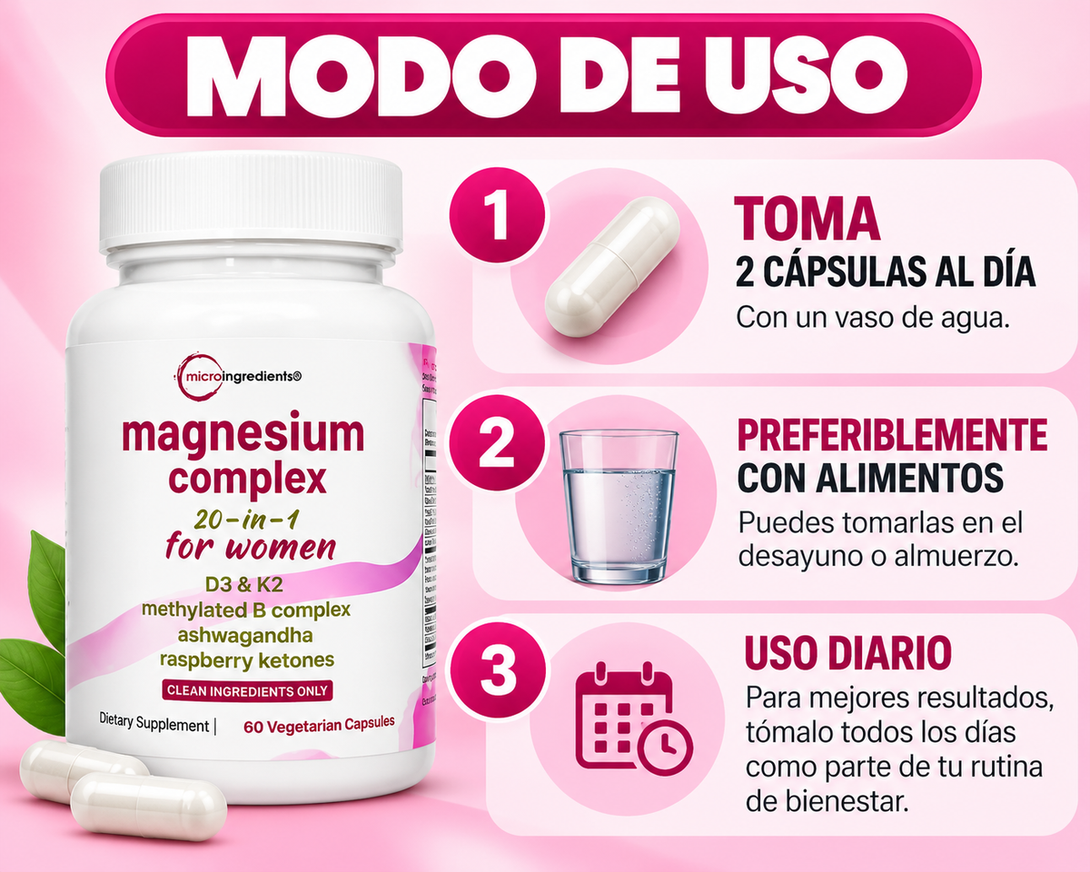 Magnesium Complex 20 en 1 para Mujer + D3 & K2 | 60 Cápsulas 💗