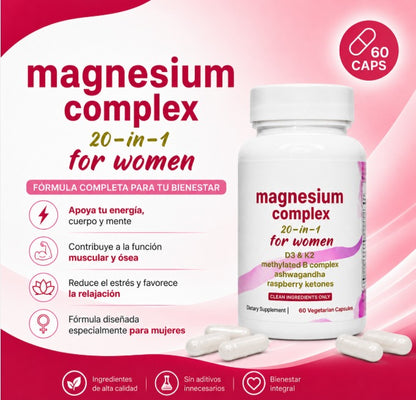 Magnesium Complex 20 en 1 para Mujer + D3 & K2 | 60 Cápsulas 💗