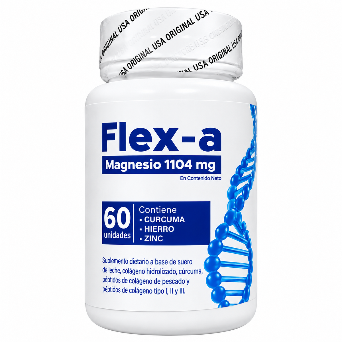Flex-A Magnesio 1104 mg + Colágeno, Cúrcuma, Hierro y Zinc | 60 Unidades