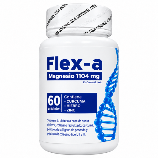 Flex-A Magnesio 1104 mg + Colágeno, Cúrcuma, Hierro y Zinc | 60 Unidades